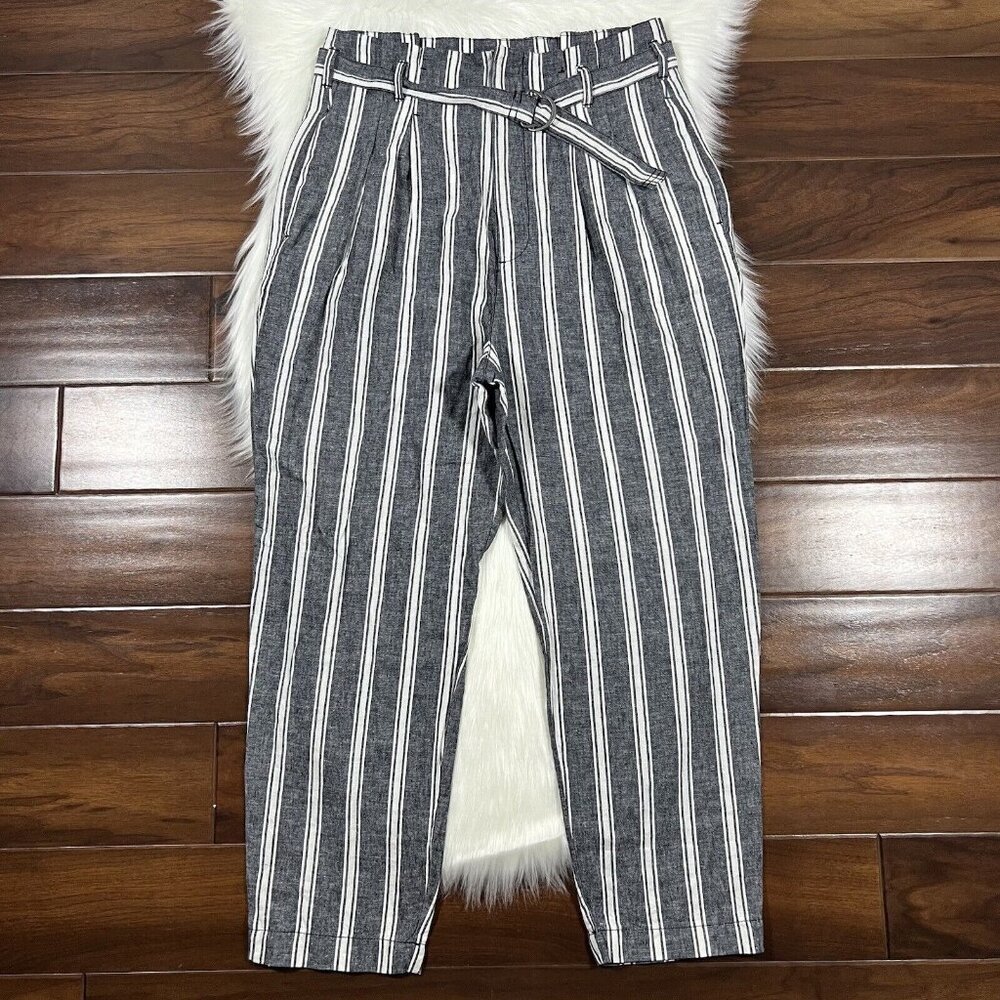 Abercrombie‎ & Fitch Size Large Stripe Linen Blend Pleated Belt Paperbag Pants